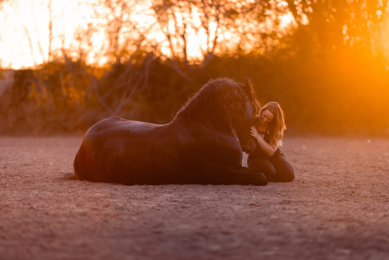 Eine Person liegt lächelnd neben einem liegenden schwarzen Pferd bei Sonnenuntergang.