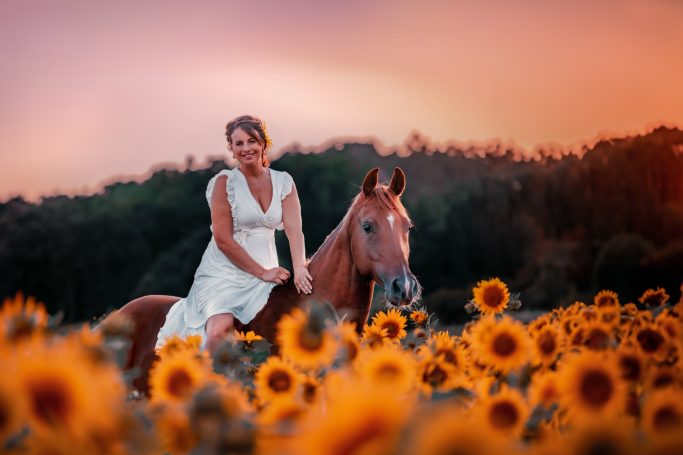 Frau in weißem Kleid sitzt auf einem Pferd zwischen Sonnenblumen bei Sonnenuntergang.