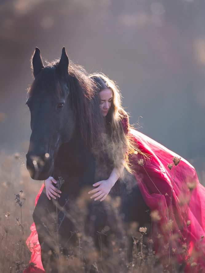 Frau in rotem Kleid umarmt schwarzes Pferd in einer nebligen Landschaft.