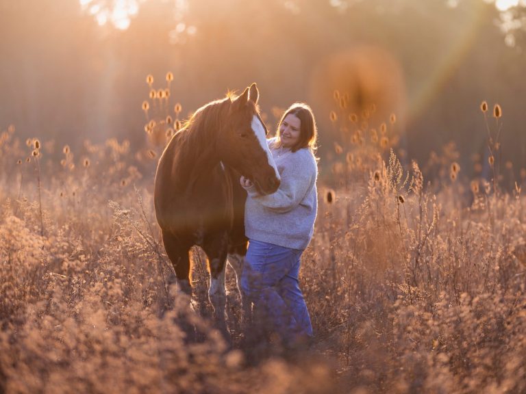 Eine Person umarmt ein Pferd in einem sonnigen Feld mit hohem Gras.